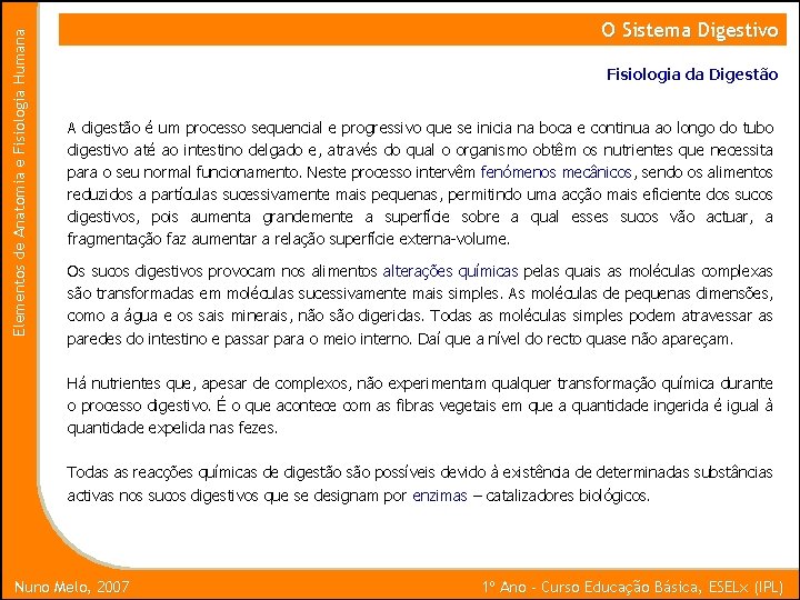 Elementos de Anatomia e Fisiologia Humana O Sistema Digestivo Fisiologia da Digestão A digestão