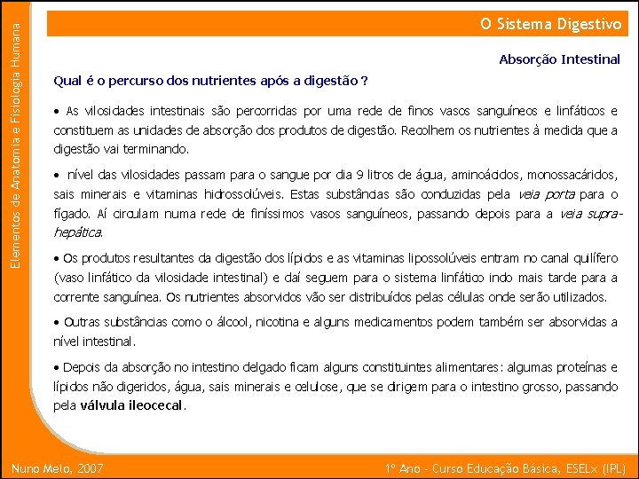 Elementos de Anatomia e Fisiologia Humana O Sistema Digestivo Absorção Intestinal Qual é o