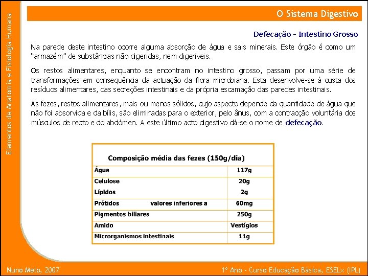 Elementos de Anatomia e Fisiologia Humana O Sistema Digestivo Defecação - Intestino Grosso Na