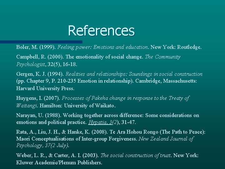 References Boler, M. (1999). Feeling power: Emotions and education. New York: Routledge. Campbell, R.