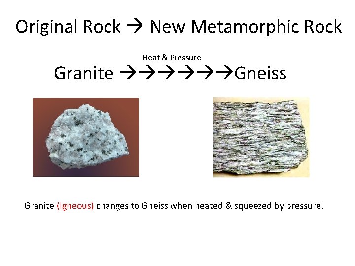 Original Rock New Metamorphic Rock Heat & Pressure Granite Gneiss Granite (Igneous) changes to