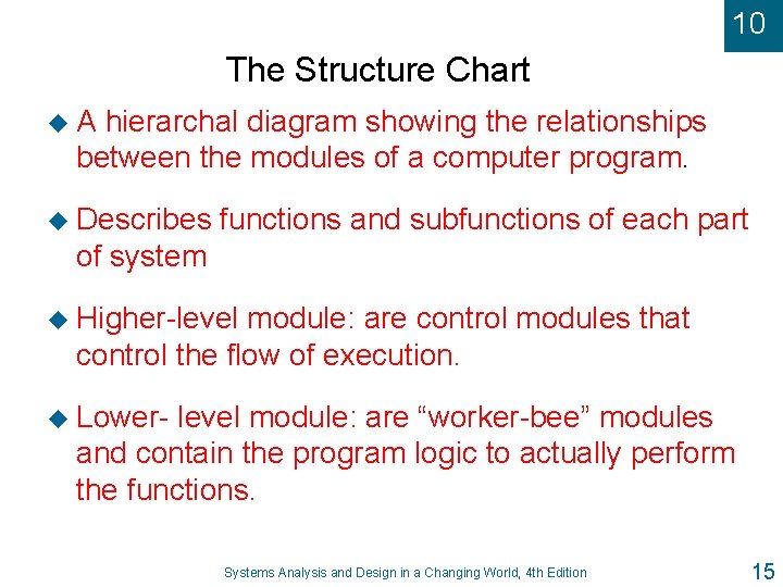 10 The Structure Chart u. A hierarchal diagram showing the relationships between the modules