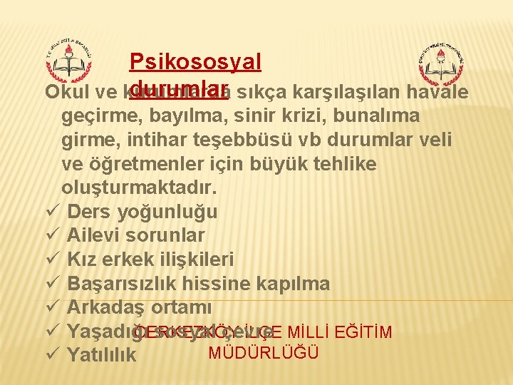 Psikososyal durumlar sıkça karşılan havale Okul ve kurumlarda geçirme, bayılma, sinir krizi, bunalıma girme,