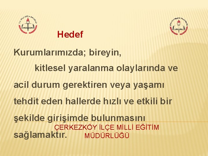 Hedef Kurumlarımızda; bireyin, kitlesel yaralanma olaylarında ve acil durum gerektiren veya yaşamı tehdit eden