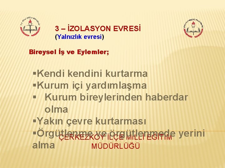 3 – İZOLASYON EVRESİ (Yalnızlık evresi) Bireysel İş ve Eylemler; §Kendi kendini kurtarma §Kurum