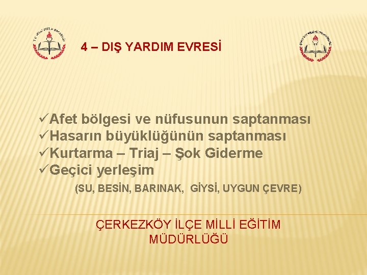 4 – DIŞ YARDIM EVRESİ üAfet bölgesi ve nüfusunun saptanması üHasarın büyüklüğünün saptanması üKurtarma