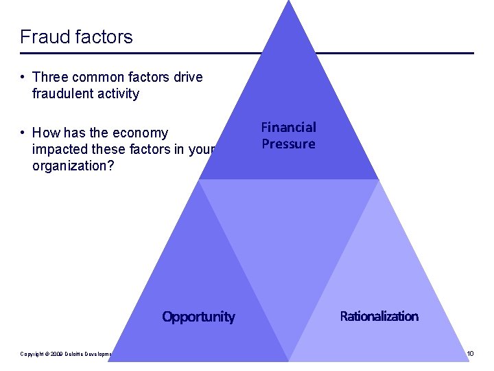 Fraud factors • Three common factors drive fraudulent activity • How has the economy