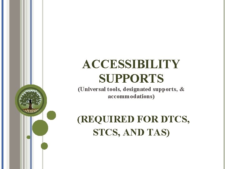 ACCESSIBILITY SUPPORTS (Universal tools, designated supports, & accommodations) (REQUIRED FOR DTCS, STCS, AND TAS)