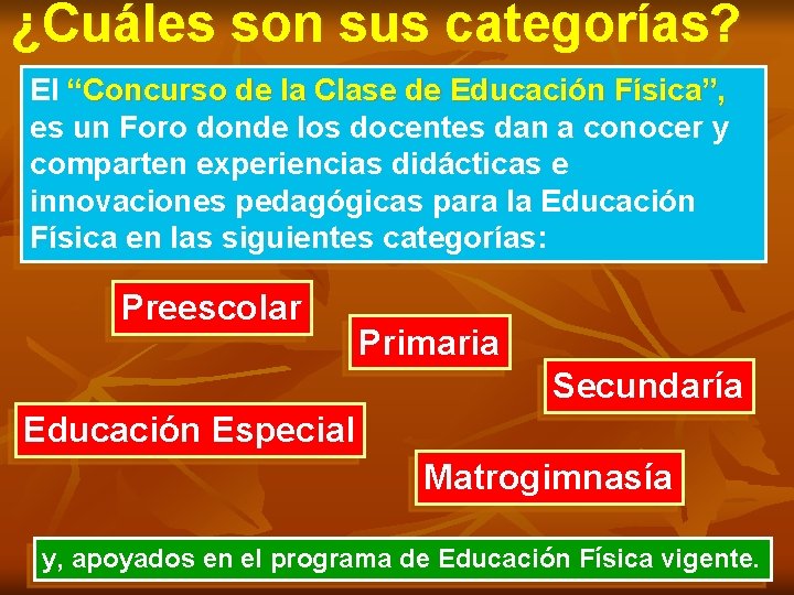 ¿Cuáles son sus categorías? El “Concurso de la Clase de Educación Física”, es un