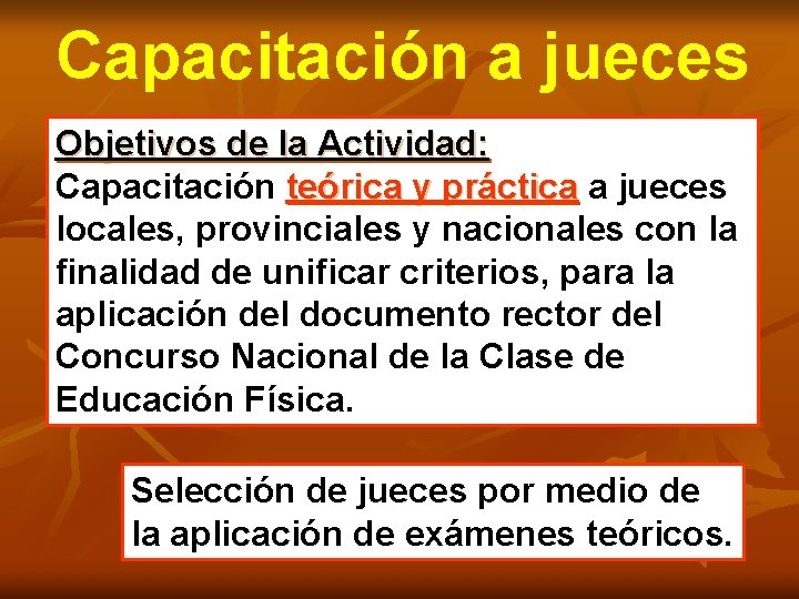 Capacitación a jueces Objetivos de la Actividad: Capacitación teórica y práctica a jueces locales,