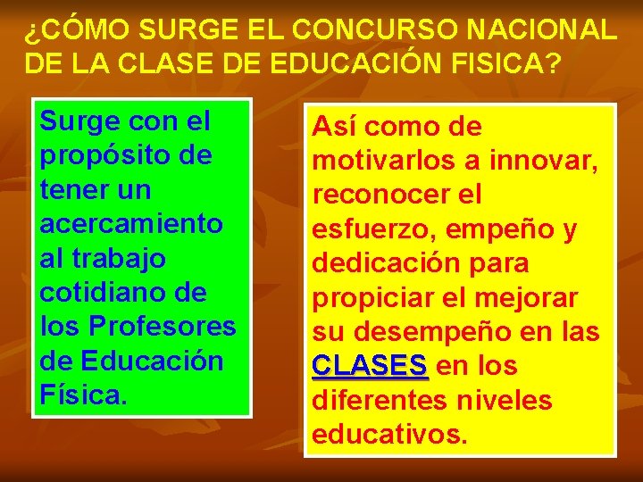 ¿CÓMO SURGE EL CONCURSO NACIONAL DE LA CLASE DE EDUCACIÓN FISICA? Surge con el