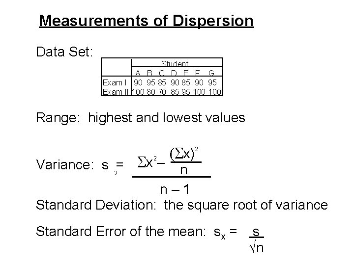 Measurements of Dispersion Data Set: Student A B C D E F G Exam
