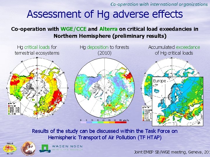 Co-operation with international organizations Assessment of Hg adverse effects Co-operation with WGE/CCE and Alterra