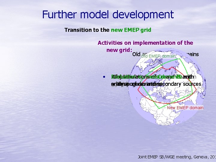 Further model development Transition to the new EMEP grid Activities on implementation of the