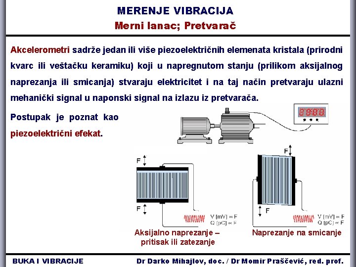 MERENJE VIBRACIJA Merni lanac; Pretvarač Akcelerometri sadrže jedan ili više piezoelektričnih elemenata kristala (prirodni