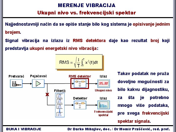 MERENJE VIBRACIJA Ukupni nivo vs. frekvencijski spektar Najjednostavniji način da se opiše stanje bilo