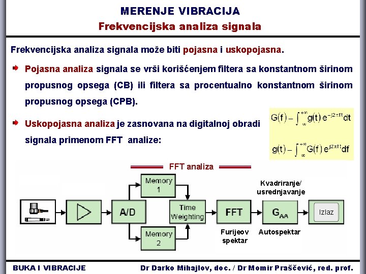 MERENJE VIBRACIJA Frekvencijska analiza signala može biti pojasna i uskopojasna. Pojasna analiza signala se