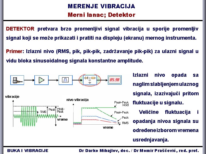 MERENJE VIBRACIJA Merni lanac; Detektor DETEKTOR pretvara brzo promenljivi signal vibracija u sporije promenljiv