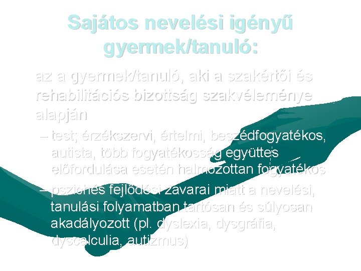 Sajátos nevelési igényű gyermek/tanuló: az a gyermek/tanuló, aki a szakértői és rehabilitációs bizottság szakvéleménye