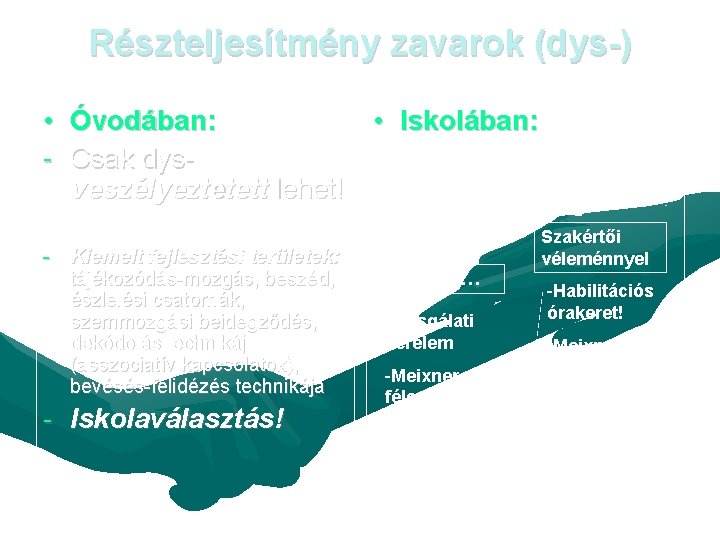 Részteljesítmény zavarok (dys-) • Óvodában: • Iskolában: - Csak dysveszélyeztetett lehet! - Kiemelt fejlesztési