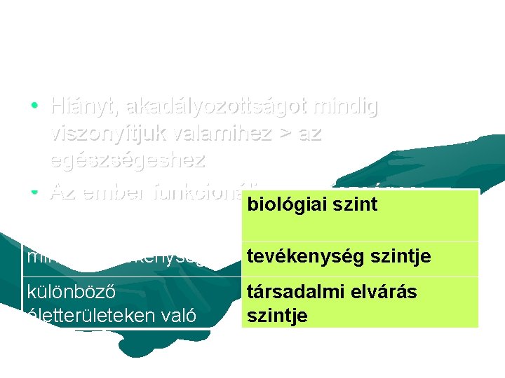  • Hiányt, akadályozottságot mindig viszonyítjuk valamihez > az egészségeshez • Az ember funkcionálisan