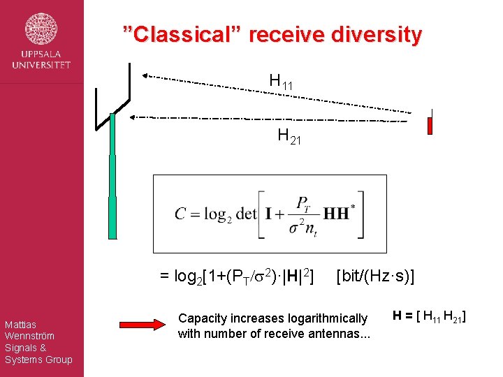 ”Classical” receive diversity H 11 H 21 = log 2[1+(PT/s 2)·|H|2] Mattias Wennström Signals