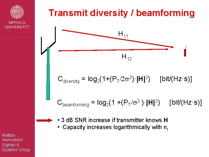 Transmit diversity / beamforming H 11 H 12 Cdiversity = log 2(1+(PT/2 s 2)·|H|2)