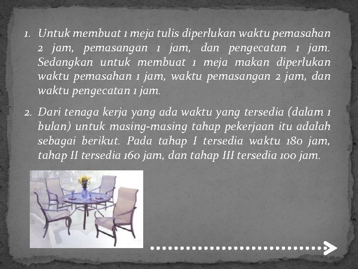 1. Untuk membuat 1 meja tulis diperlukan waktu pemasahan 2 jam, pemasangan 1 jam,