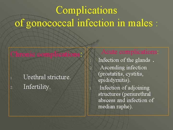 Complications of gonococcal infection in males : Chronic complications: Acute complications: 1. 2. 1.