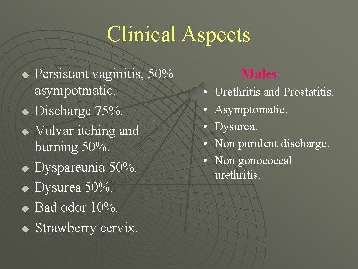 Clinical Aspects u u u u Persistant vaginitis, 50% asympotmatic. Discharge 75%. Vulvar itching