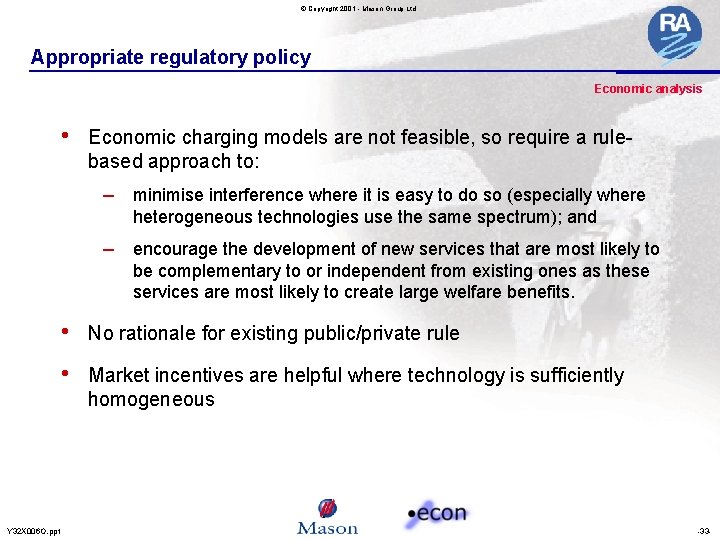 © Copyright 2001 - Mason Group Ltd Appropriate regulatory policy Economic analysis • Economic