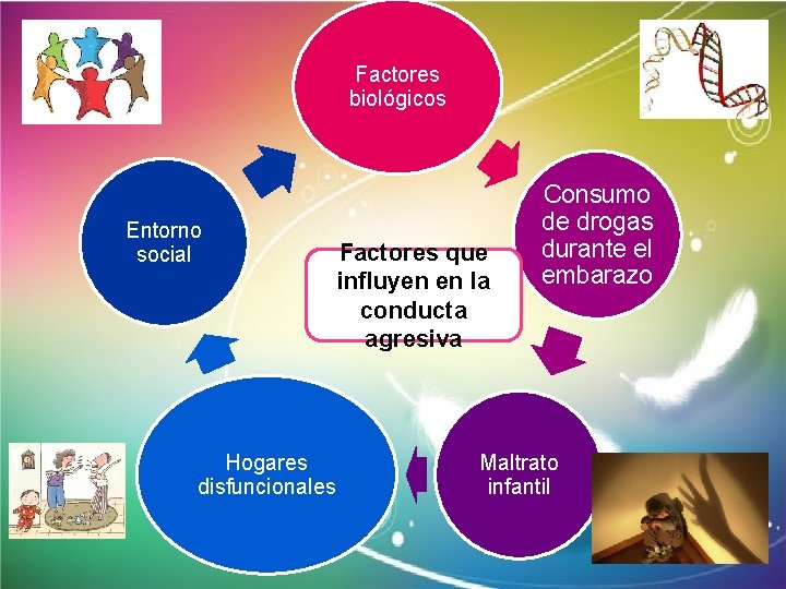 Factores biológicos Entorno social Hogares disfuncionales Factores que influyen en la conducta agresiva Consumo