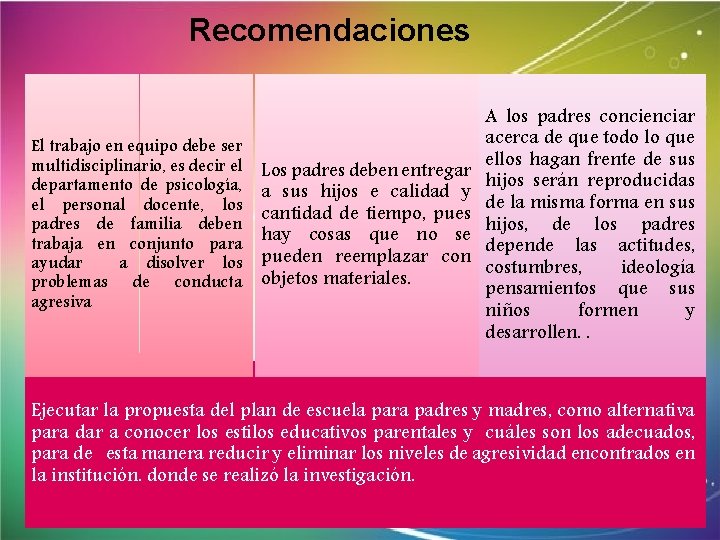 Recomendaciones El trabajo en equipo debe ser multidisciplinario, es decir el departamento de psicología,