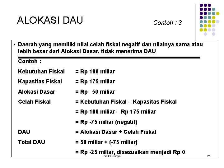 ALOKASI DAU Contoh : 3 • Daerah yang memiliki nilai celah fiskal negatif dan