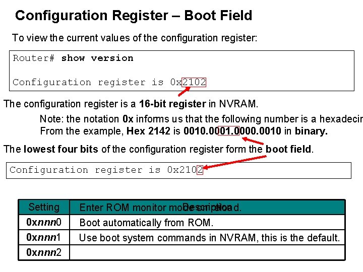 Configuration Register – Boot Field To view the current values of the configuration register: