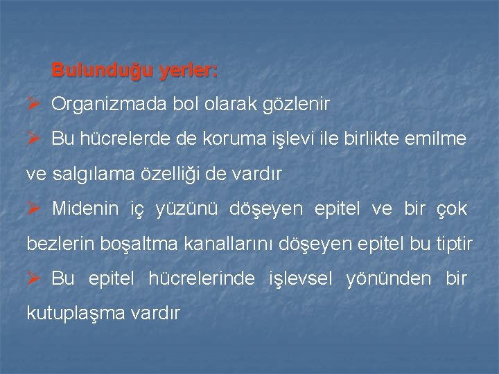 Bulunduğu yerler: Ø Organizmada bol olarak gözlenir Ø Bu hücrelerde de koruma işlevi ile