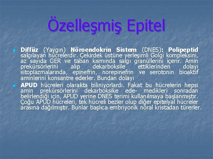 Özelleşmiş Epitel n n Diffüz (Yaygın) Nöroendokrin Sistem (DNES): Polipeptid salgılayan hücrelerdir. Çekirdek üstüne