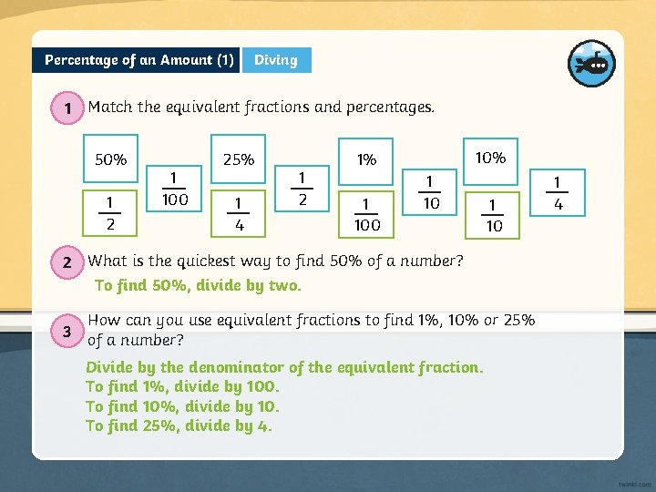 Percentage of an Amount (1) 1 Diving Match the equivalent fractions and percentages. 50%