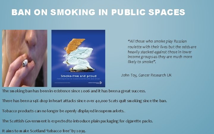 BAN ON SMOKING IN PUBLIC SPACES “All those who smoke play Russian roulette with