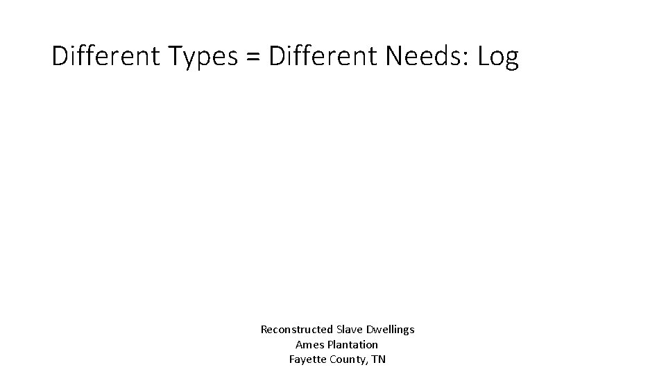 Different Types = Different Needs: Log Reconstructed Slave Dwellings Ames Plantation Fayette County, TN
