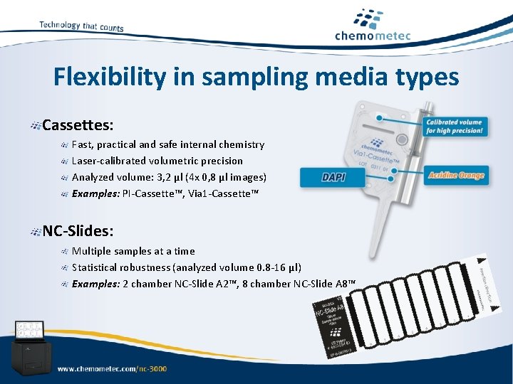Flexibility in sampling media types Cassettes: Fast, practical and safe internal chemistry Laser-calibrated volumetric