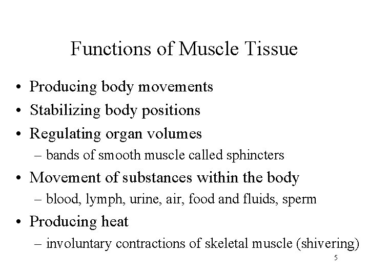 Functions of Muscle Tissue • Producing body movements • Stabilizing body positions • Regulating
