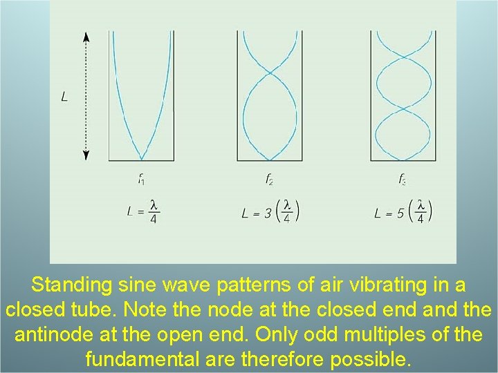 Standing sine wave patterns of air vibrating in a closed tube. Note the node