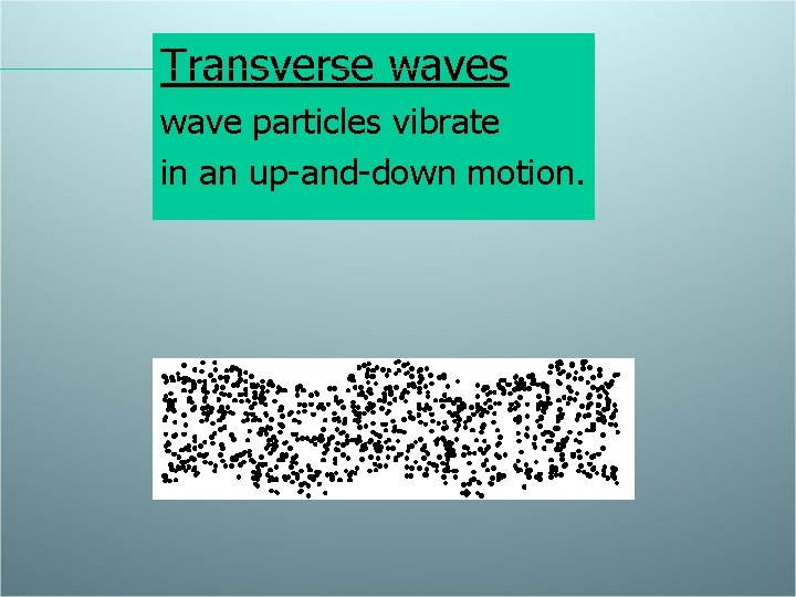 Transverse waves wave particles vibrate in an up-and-down motion. 