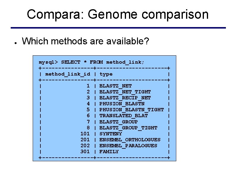Compara: Genome comparison ● Which methods are available? mysql> SELECT * FROM method_link; +----------------------+