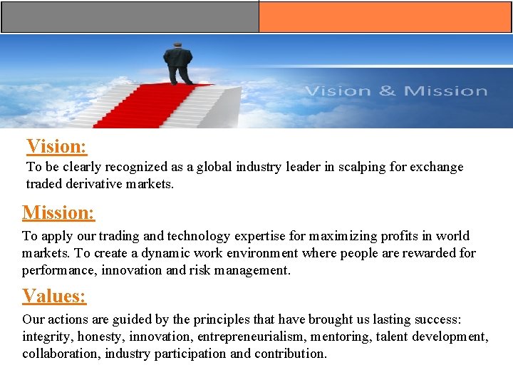 Vision: To be clearly recognized as a global industry leader in scalping for exchange Vision: To be clearly recognized as a global industry leader in scalping for exchange