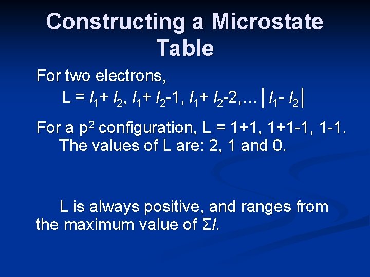 Constructing a Microstate Table For two electrons, L = l 1+ l 2, l