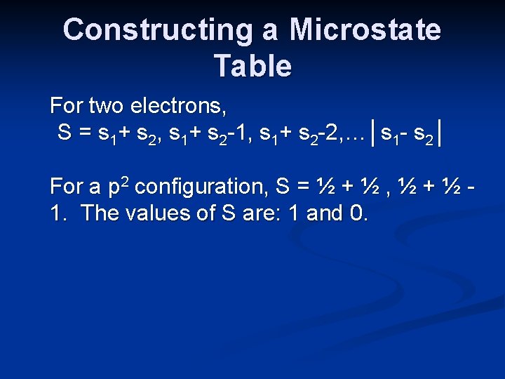 Constructing a Microstate Table For two electrons, S = s 1+ s 2, s