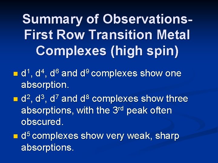 Summary of Observations. First Row Transition Metal Complexes (high spin) d 1, d 4,
