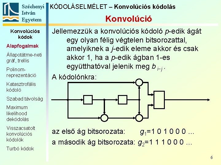 Széchenyi KÓDOLÁSELMÉLET – Konvolúciós kódolás István Egyetem Konvolúciós kódok Alapfogalmak Állapotátme-neti gráf, trellis Polinomreprezentáció